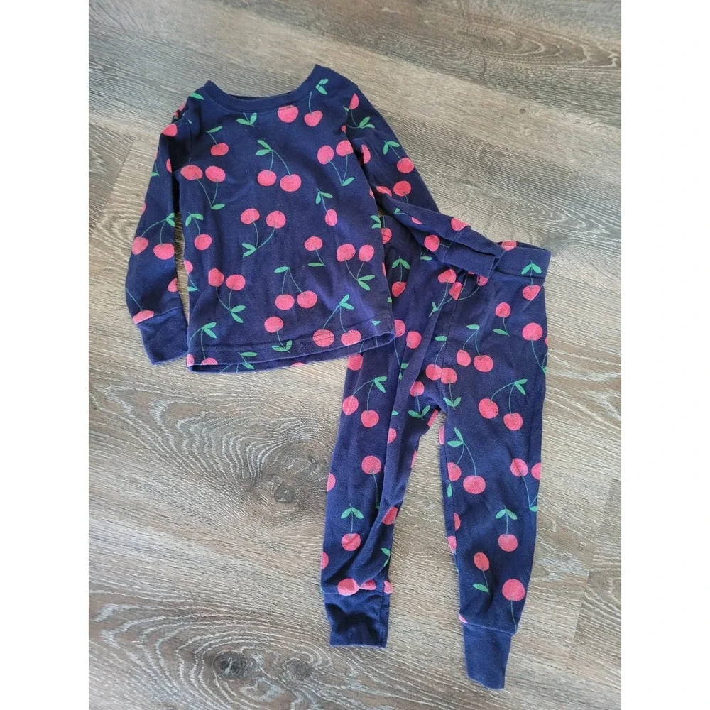 Old Navy Baby Girls 18-24M Cherry Print Pajama Blue 2 Piece Cotton #3